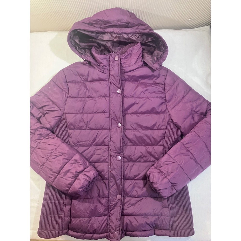 Time and Tru‎ Womens Metallic Burgundy Quilted Hooded Puffer Jacket Size L 12-14